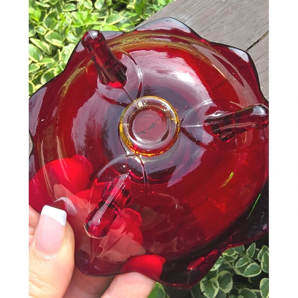 Vintage Ruby Red Glass 3 Footed Candle Holder Dish Scalloped Petal Rim